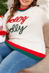 White Tinsel holly jolly Pattern Colorblock Edge Drop Shoulder Plus Size Sweater Plus Size Sweaters & Cardigans JT's Designer Fashion