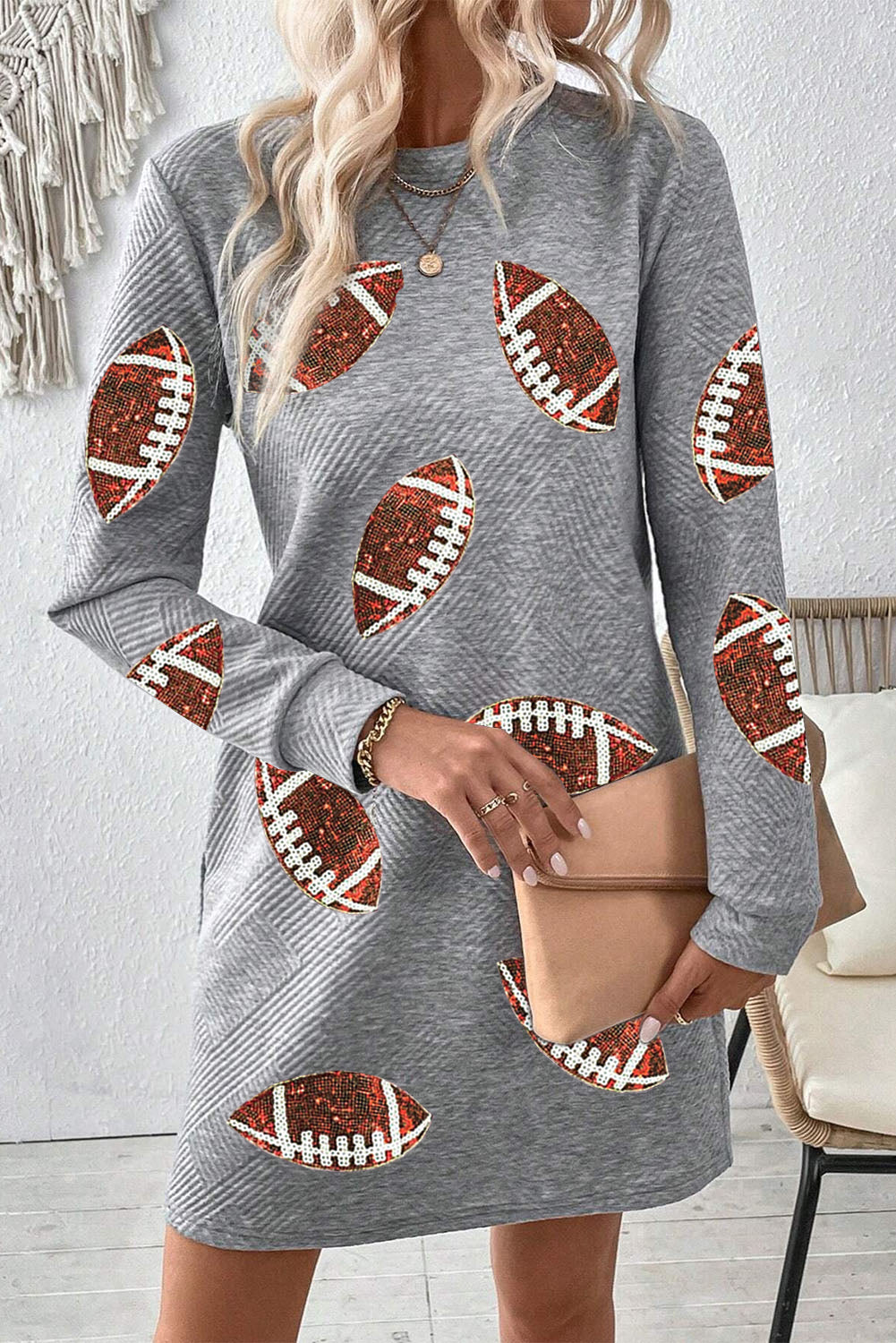 Gray Sequin Rugby Football Graphic Textured Long Sleeve Shift Mini Dress Graphic Dresses JT's Designer Fashion