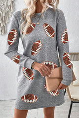 Gray Sequin Rugby Football Graphic Textured Long Sleeve Shift Mini Dress Graphic Dresses JT's Designer Fashion