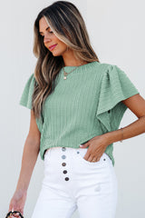 Moonlight Jade Solid Color Textured Flutter Sleeve Top Blouses & Shirts JT's Designer Fashion