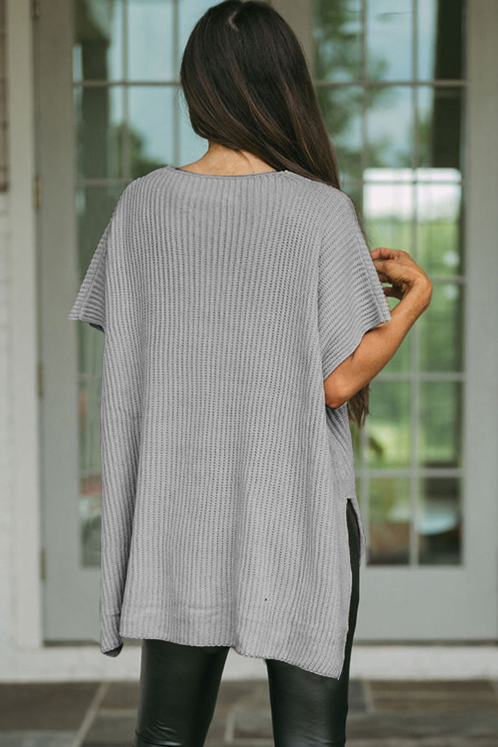 Gray Short Sleeve Side Slit Oversized Sweater Sweaters & Cardigans JT's Designer Fashion