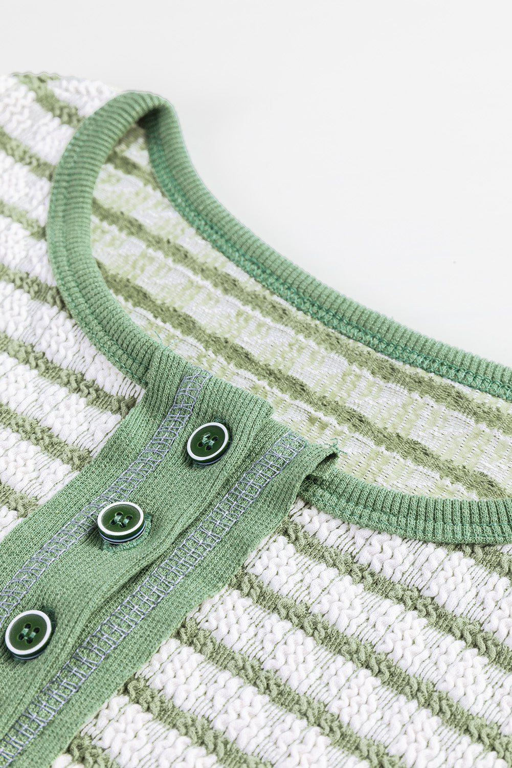 Green Stripe Textured Frilly Trim Buttons Henley Long Sleeve Top Long Sleeve Tops JT's Designer Fashion
