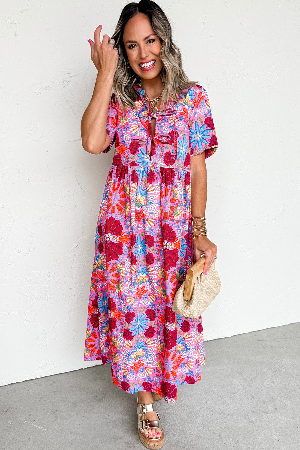 Rose Floral Print Tie High Waist Short Sleeve Loose Long Dress Dresses JT's Designer Fashion