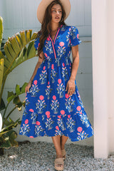 Sky Blue Floral Puff Short Sleeve V Neck High Waist Maxi Dress Sky Blue 100%Polyester Floral Dresses JT's Designer Fashion