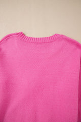 Bright Pink Corded Flower Bow Ribbed Trim Casual Sweater Sweaters JT's Designer Fashion