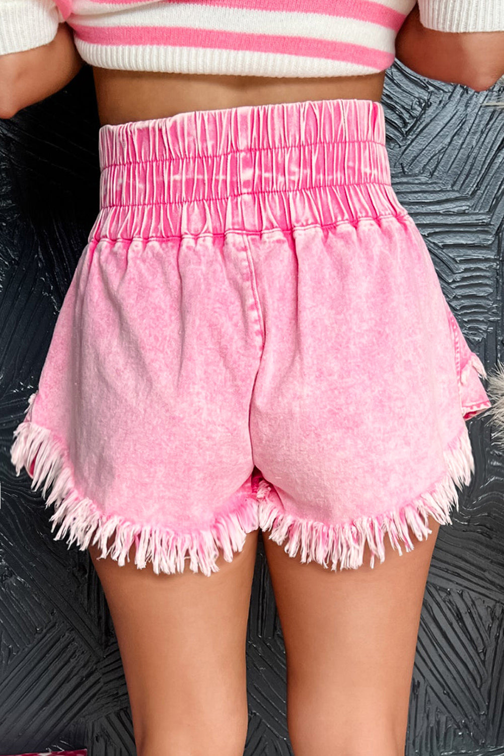 Pink Washed Wide Smocked Waistband Frayed Denim Shorts Denim Shorts JT's Designer Fashion