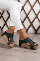 Black Hollow Out Studded Leather Wedge Slippers Slippers JT's Designer Fashion