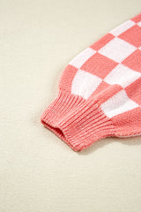 Pink Candycane Snowflake Checker Christmas Holiday Drop Shoulder Tunic Loose Sweater Sweaters JT's Designer Fashion