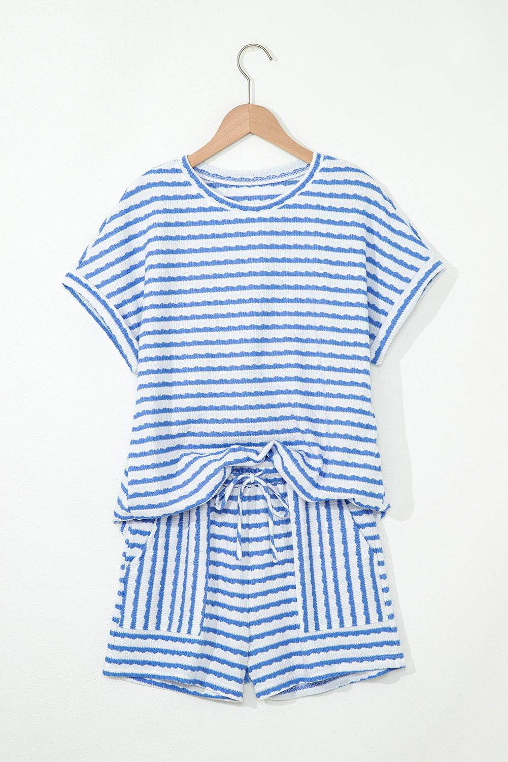 Sky Blue Stripe Knitted Short Sleeve Top and Drawstring Shorts Set Short Sets JT's Designer Fashion
