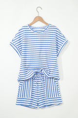 Sky Blue Stripe Knitted Short Sleeve Top and Drawstring Shorts Set Short Sets JT's Designer Fashion