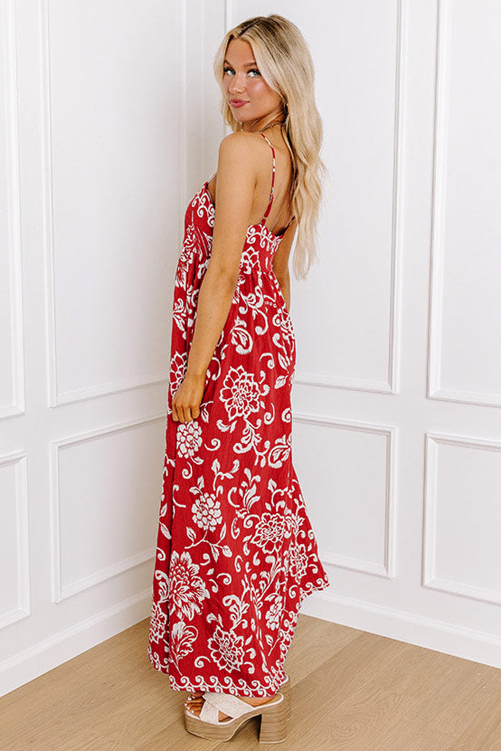 Red Floral Printed Spaghetti Strap Empire Waist Maxi Dress Floral Dresses JT's Designer Fashion