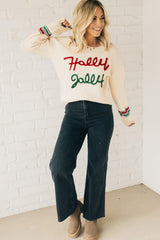 Beige Tinsel Holly Jolly Graphic Classic Sweater Sweaters JT's Designer Fashion