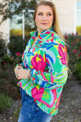 Green Abstract Printed Flounce Sleeve V Neck Buttoned Plus Size Blouse Plus Size Blouses & Shirts JT's Designer Fashion