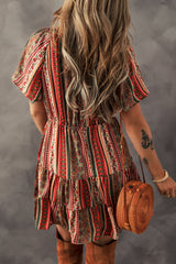 Red Bohemian Floral Print Buttoned V Neck Ruffle Tiered Dress Floral Dresses JT's Designer Fashion