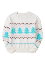 White Striped Christmas Tree Ribbed Trim Drop Shoulder Sweater Sweaters JT's Designer Fashion