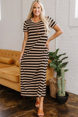 Black Stripe Casual Round Neck T-shirt Maxi Dress with Pockets T Shirt Dresses JT's Designer Fashion