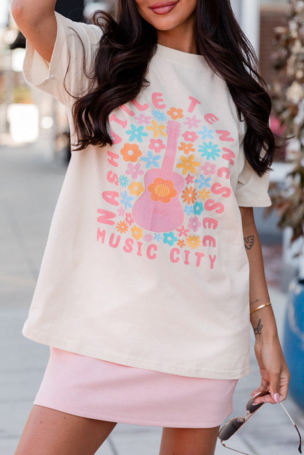 White Floral Guitar NASHVILLE Slogan Graphic T Shirt Graphic Tees JT's Designer Fashion