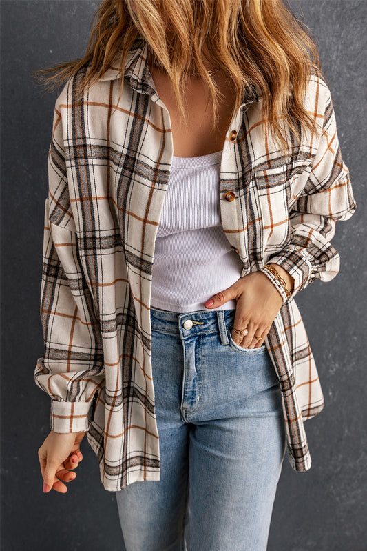 White Oversized Plaid Pattern Shacket with Slits White 95%Polyester+5%Elastane Plaid Shackets JT's Designer Fashion