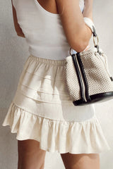 Beige Tiered Ruffled Hemline Elastic Waist Mini Skirt Skirts & Petticoat JT's Designer Fashion