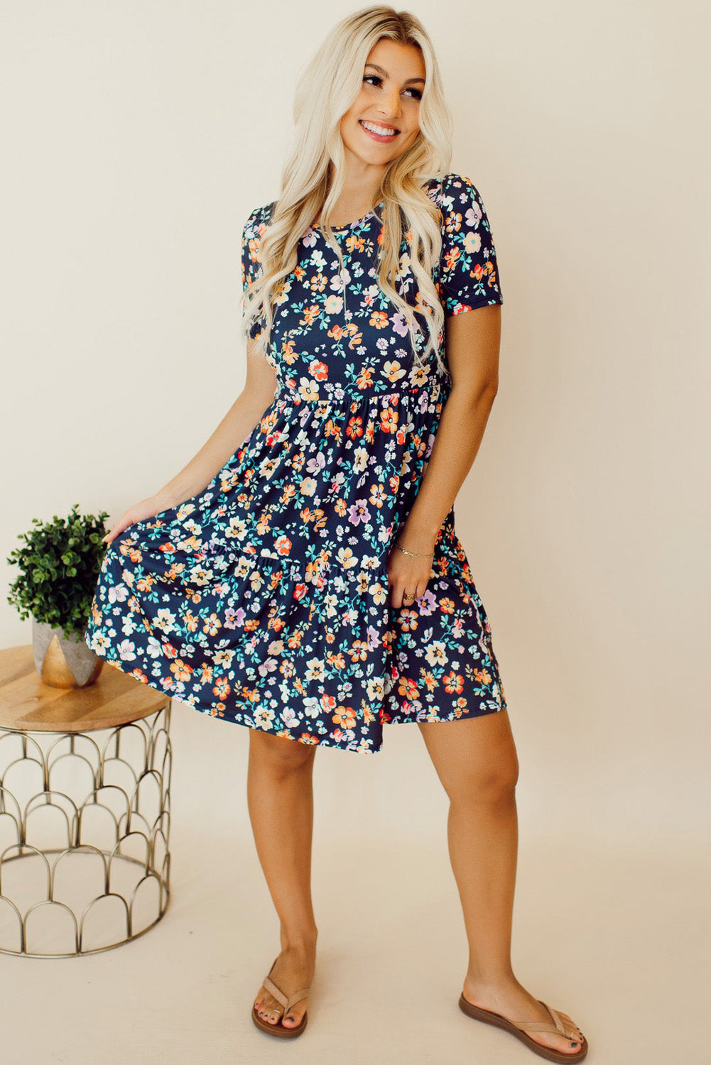 Blue Short Sleeve A-line Floral Dress Floral Dresses JT's Designer Fashion