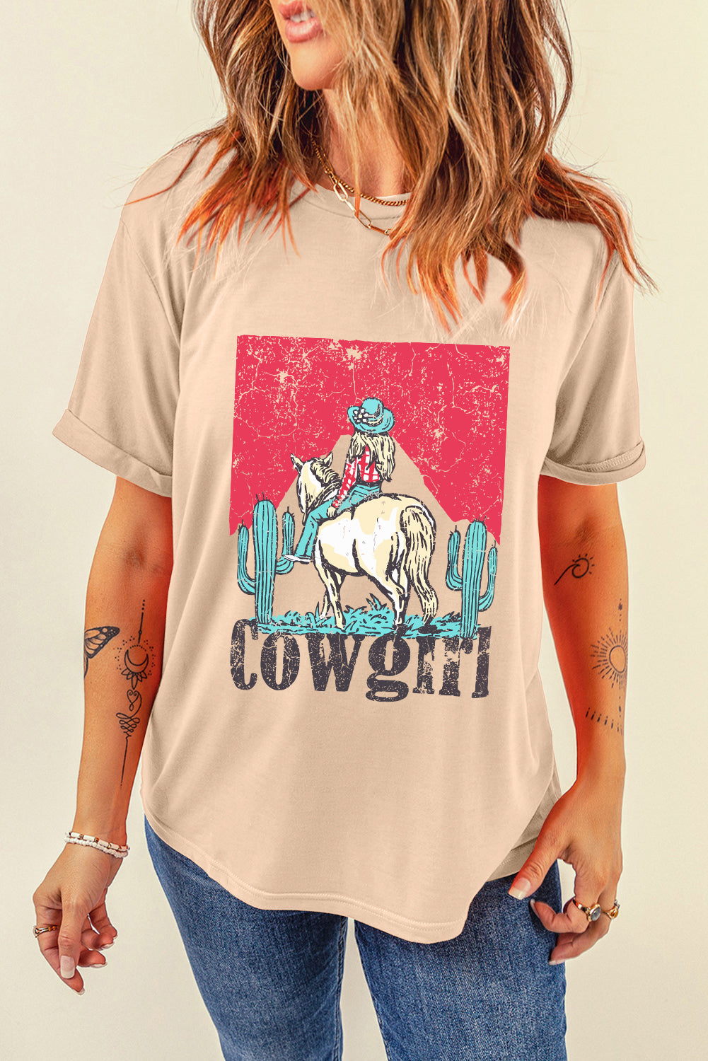 Khaki Cowgirl Rodeo Graphic Western Fashion Tee Graphic Tees JT's Designer Fashion