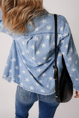 Sky Blue Star Print Light Wash Raw Hem Denim Jacket Denim Jackets JT's Designer Fashion