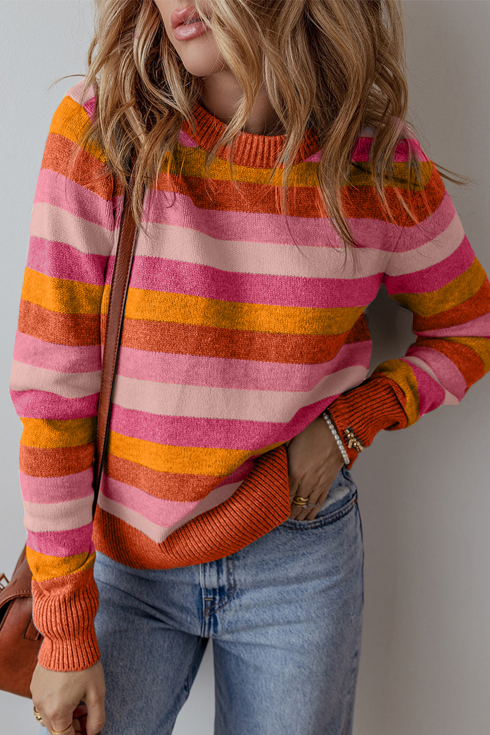 Orange Color Block Ribbed Edge Round Neck Sweater Sweaters JT's Designer Fashion