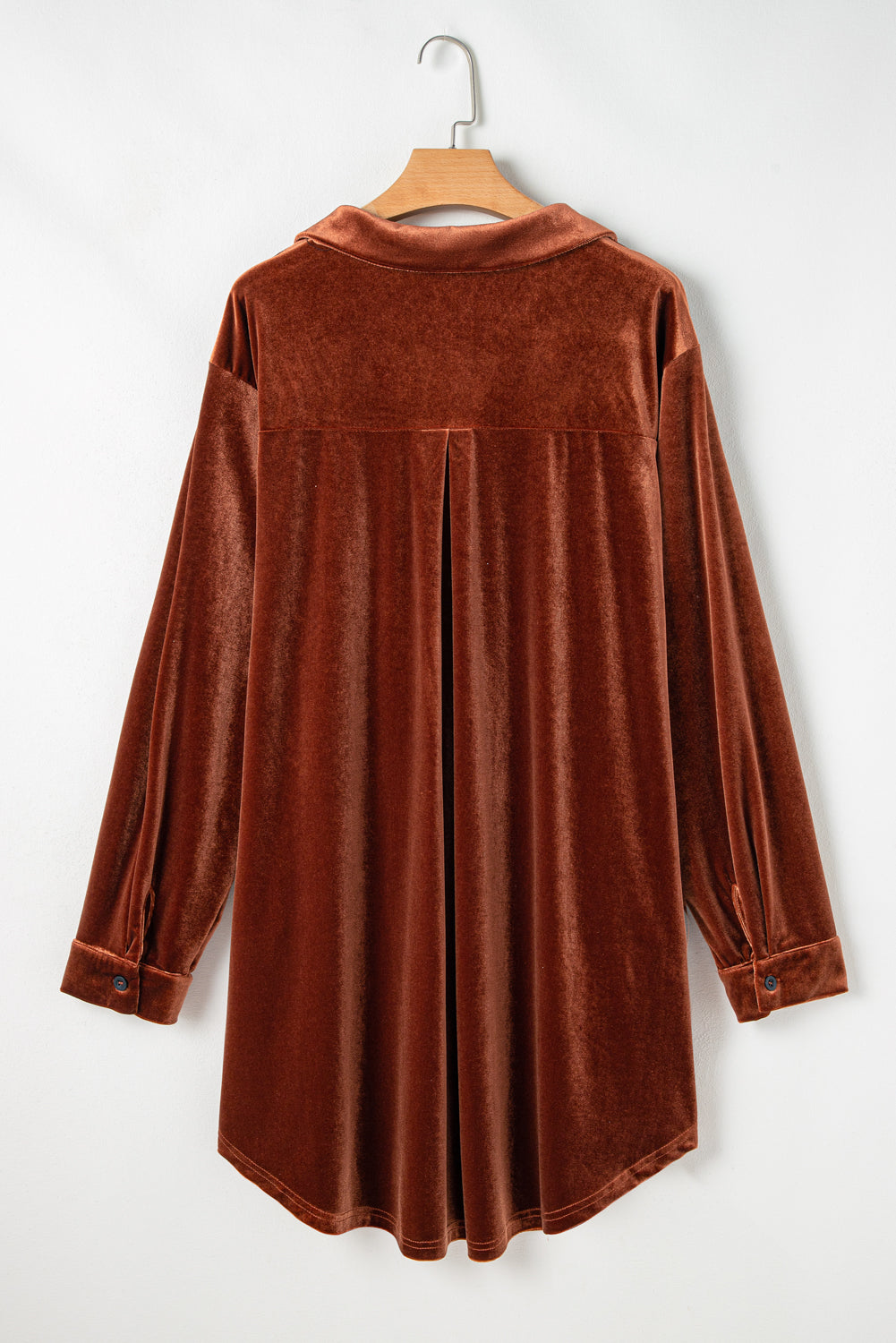 Coffee Plus Size V Neck Collared Pleated Back Rounded Hem Velvet Dress Plus Size Mini Dresses JT's Designer Fashion