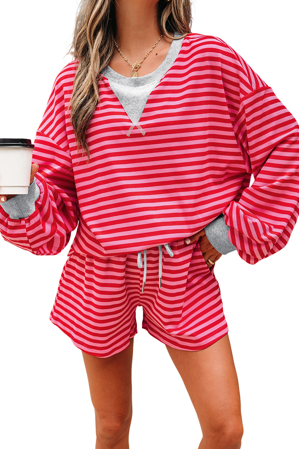Red Stripe Drop Shoulder Baggy Pullover and Shorts Casual Set Short Sets JT's Designer Fashion