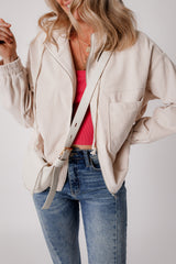 White Corduroy Drawstring Hooded Pocket Zip Up Jacket Jackets JT's Designer Fashion