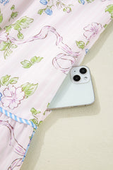 Pink Floral Striped Print Contrast Trim Tie Split Neck Mini Dress Dresses JT's Designer Fashion