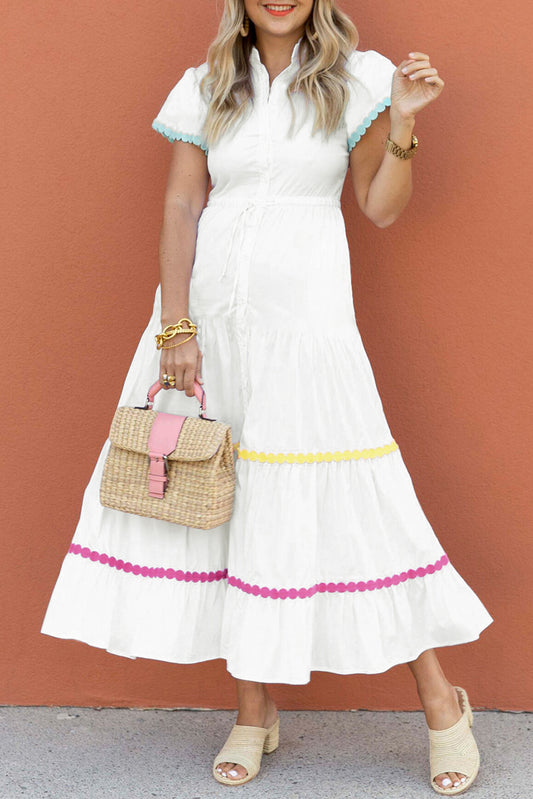 White Colorblock Rickrack Trim Short Sleeve Drawstring Waist Long Dress White 100%Cotton Maxi Dresses JT's Designer Fashion