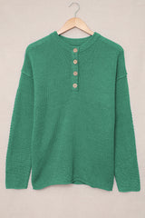 Green Henley Pullover Drop Shoulder Sweater with Slits Sweaters JT's Designer Fashion