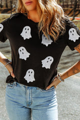 Black Glitter Ghost Pattern Crew Neck Halloween T Shirt Graphic Tees JT's Designer Fashion