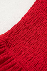 Racing Red Textured Shirred Ruffled Trim Spaghetti Strap Midi Dress Midi Dresses JT's Designer Fashion