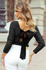 Black Metallic Bowknot Open Back V Neck Top Long Sleeve Tops JT's Designer Fashion