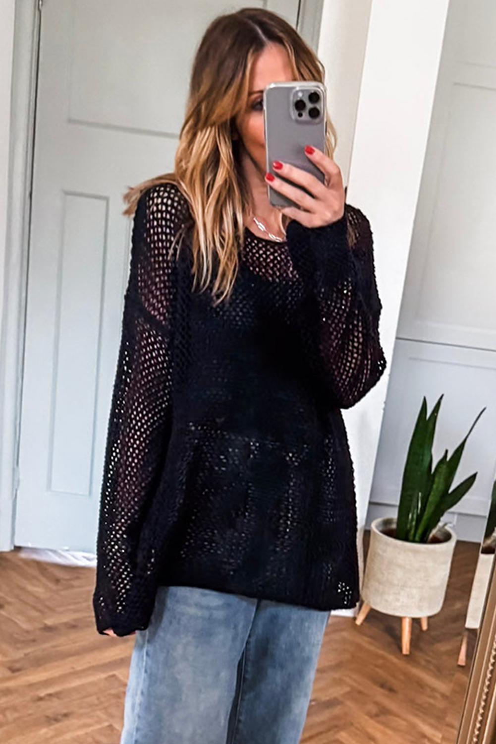 Black Crochet Hollow-out Jumper Top Sweater Sweaters JT's Designer Fashion