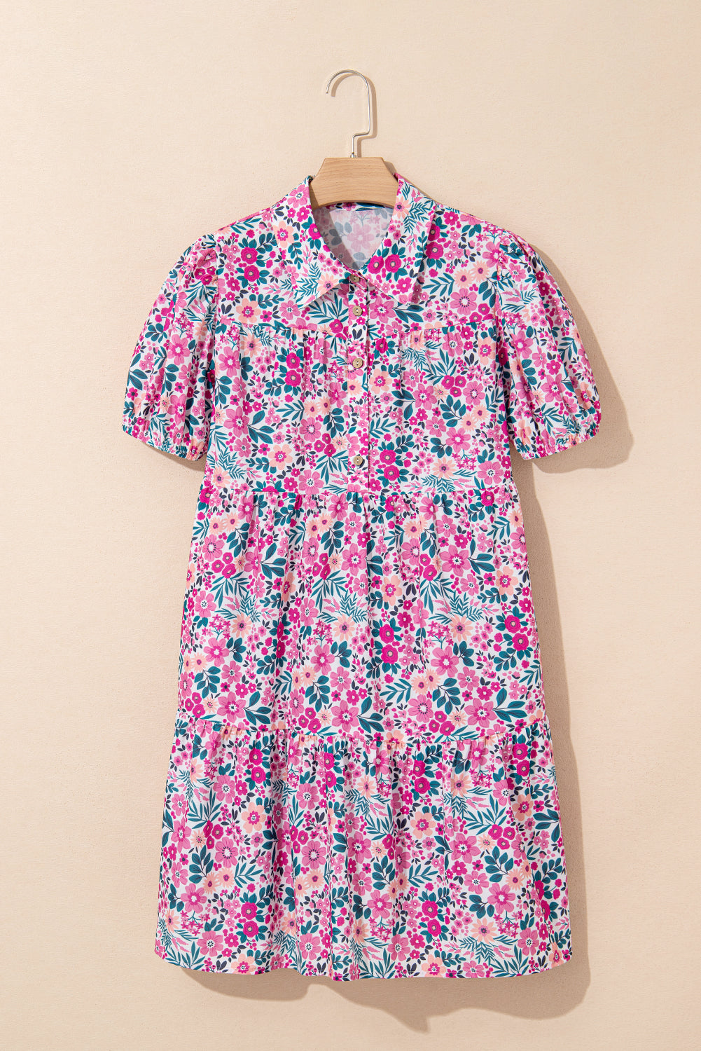 Pink Floral Collared Half Placket Short Sleeve Loose Dress Floral Dresses JT's Designer Fashion