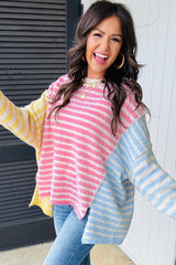 Multicolour Color Block Striped Patchwork Dolman Sleeve Slit Sweater Sweaters JT's Designer Fashion