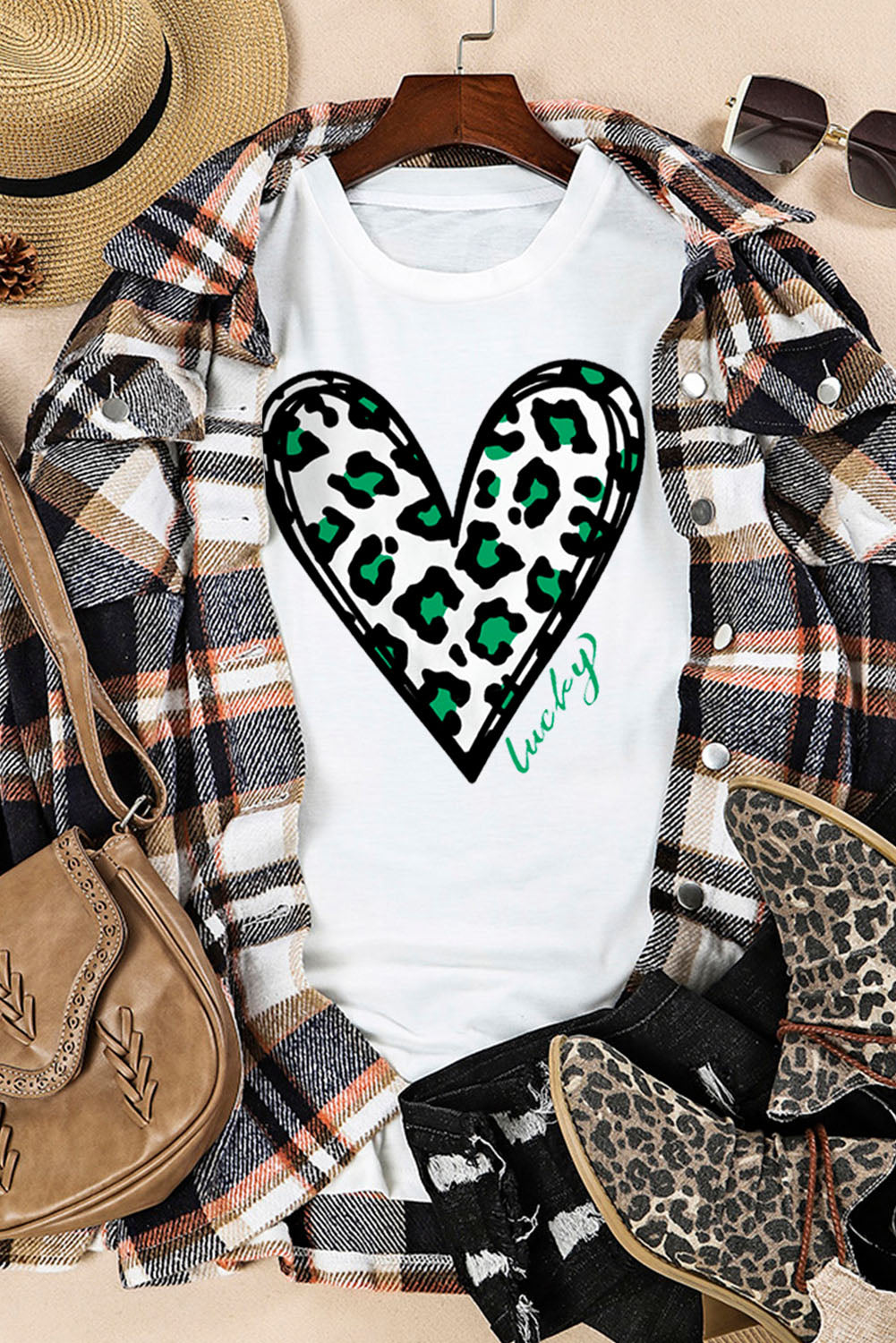 White Lucky Leopard Heart Print St Patricks Day T Shirt Graphic Tees JT's Designer Fashion