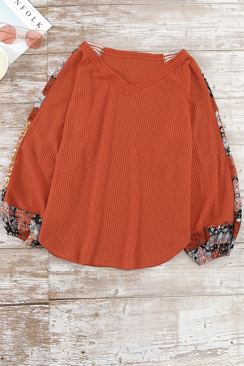 Orange Contrast Eyelet Thermal Knit Top Long Sleeve Tops JT's Designer Fashion