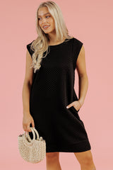Black Textured Cap Sleeve T-shirt Shift Mini Dress Mini Dresses JT's Designer Fashion