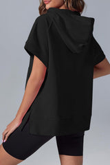 Black Half Zipper Kangaroo Pocket Short Sleeve Hoodie Sweatshirts & Hoodies JT's Designer Fashion