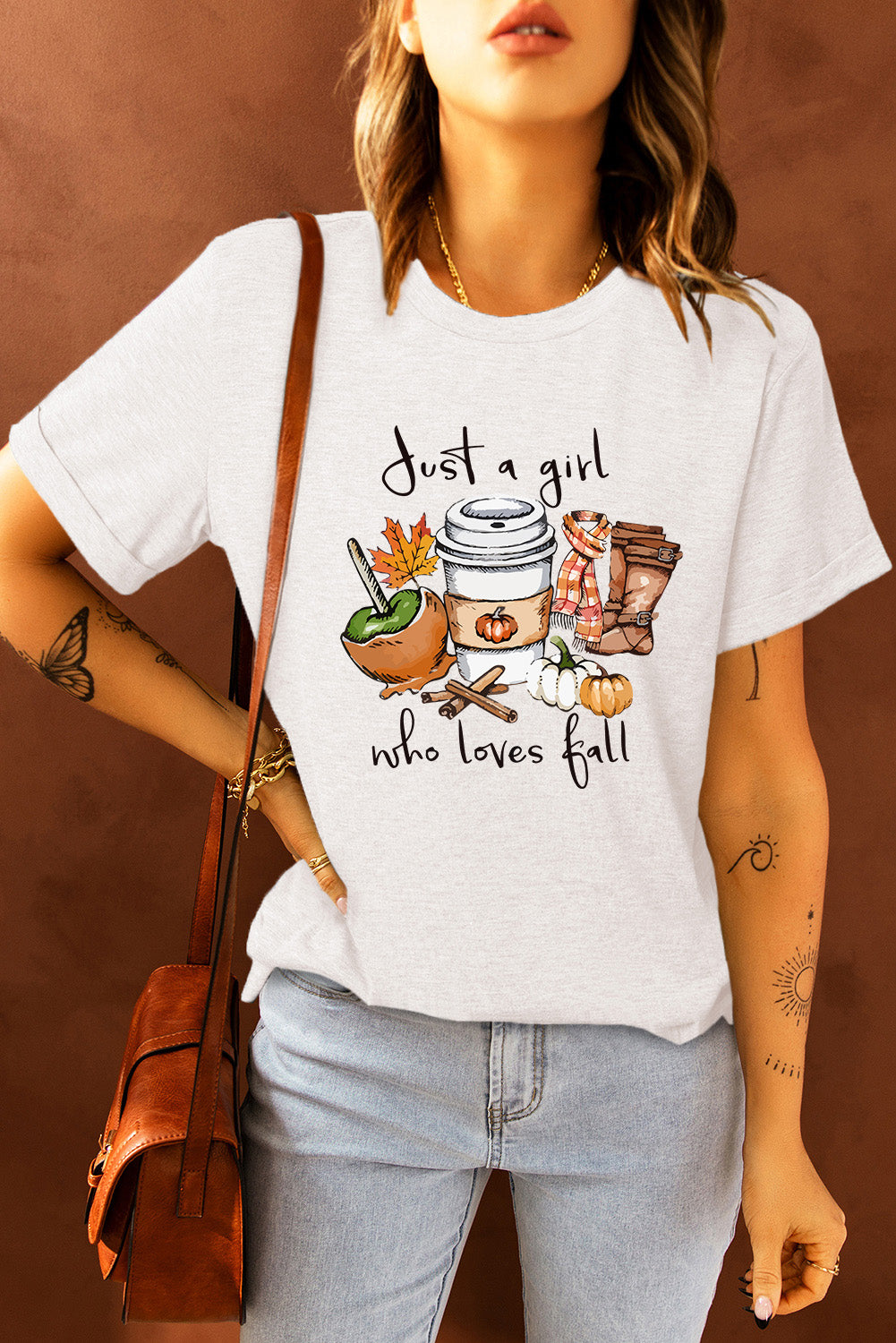 White Just A Girl Who Loves Fall Graphic T Shirt Graphic Tees JT's Designer Fashion