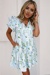 Sky Blue Floral Contrast Edge Layered Short Sleeve Mini Dress Floral Dresses JT's Designer Fashion