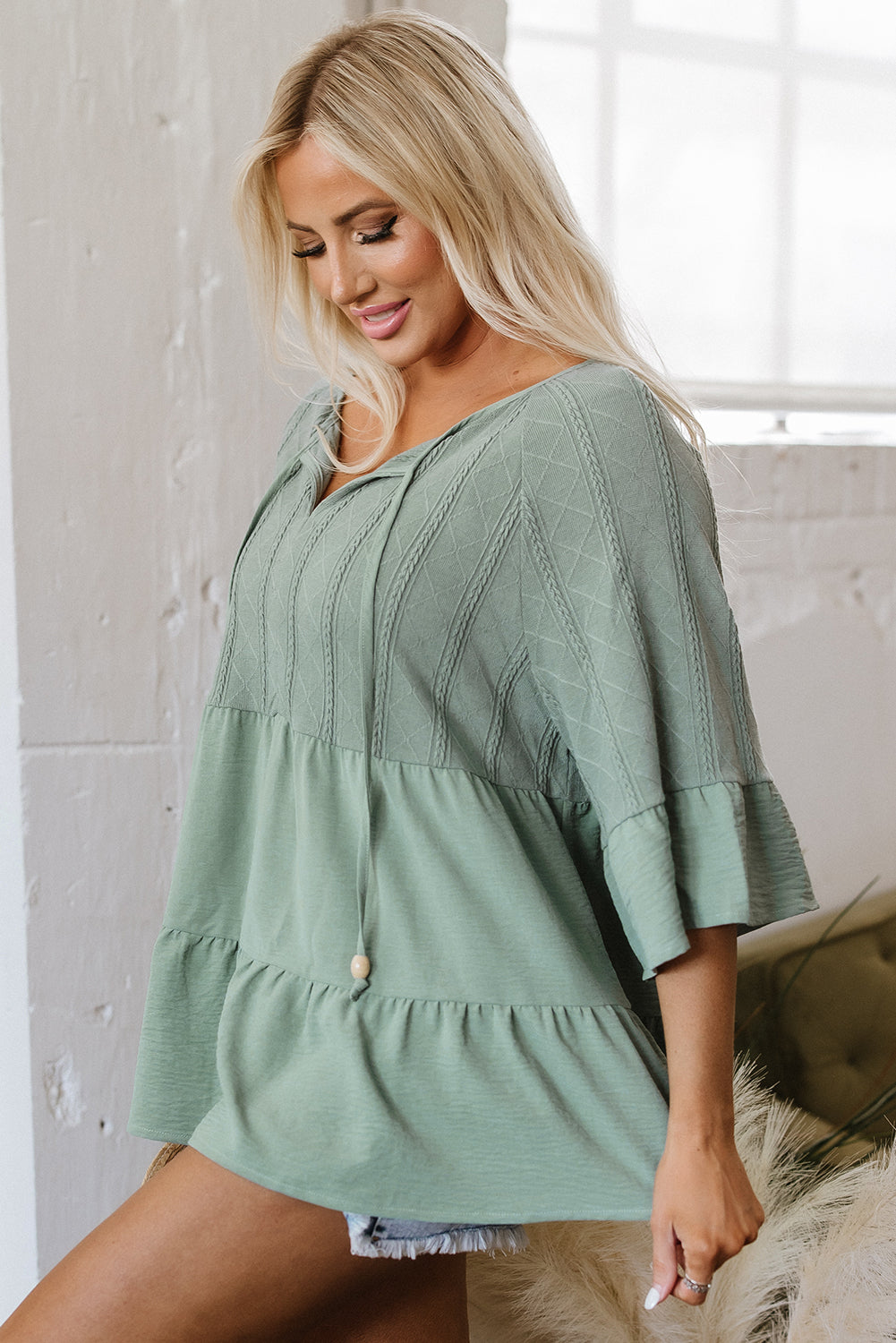 Laurel Green Tie Split Neck Textured Ruffle Patchwork Blouse Blouses & Shirts JT's Designer Fashion