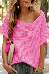 Pink Solid Loose Knit Short Dolman Sleeve Sweater Sweaters & Cardigans JT's Designer Fashion