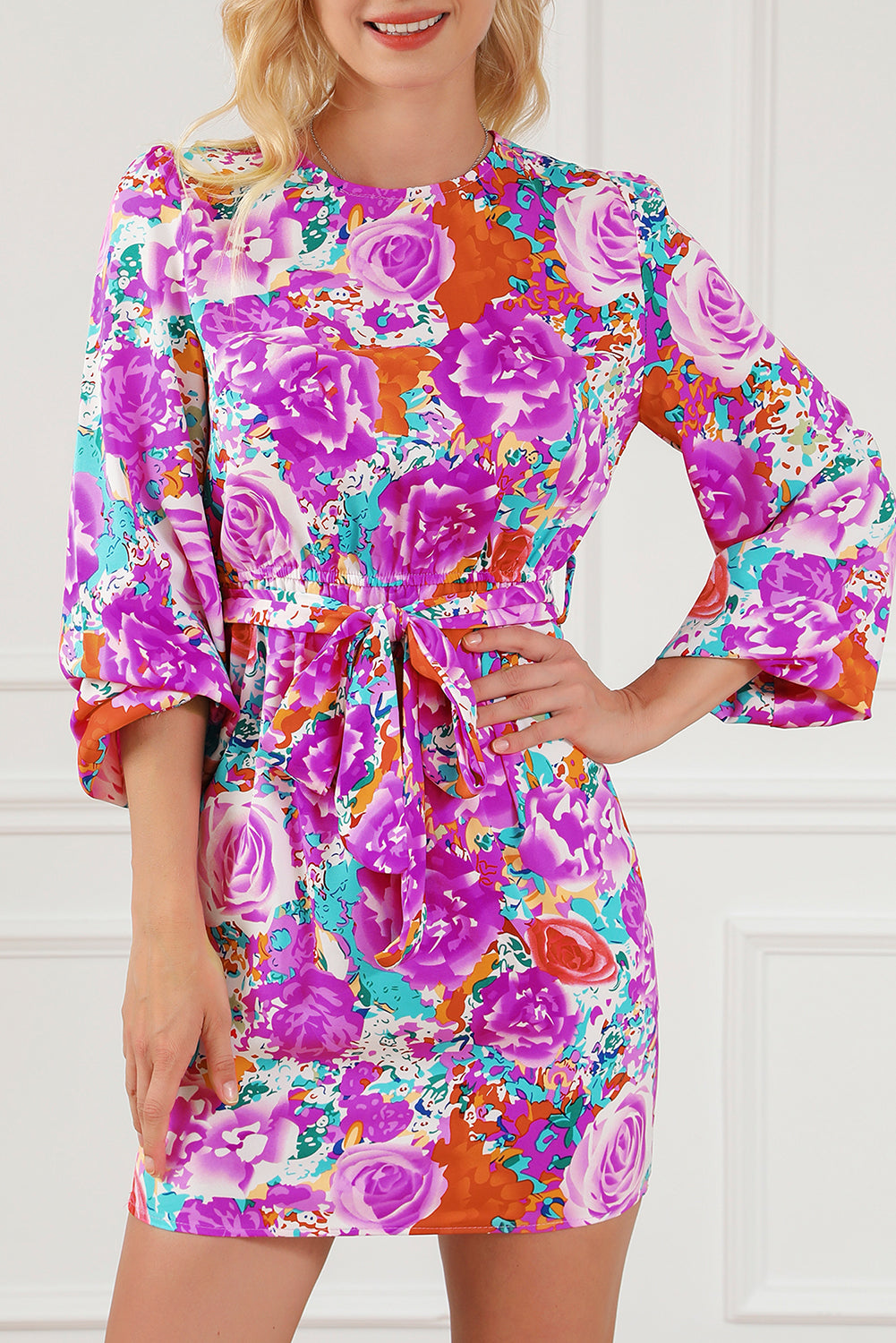 Purple Floral Keyhole Back Long Sleeve Belted Dress Purple 100%Polyester Floral Dresses JT's Designer Fashion
