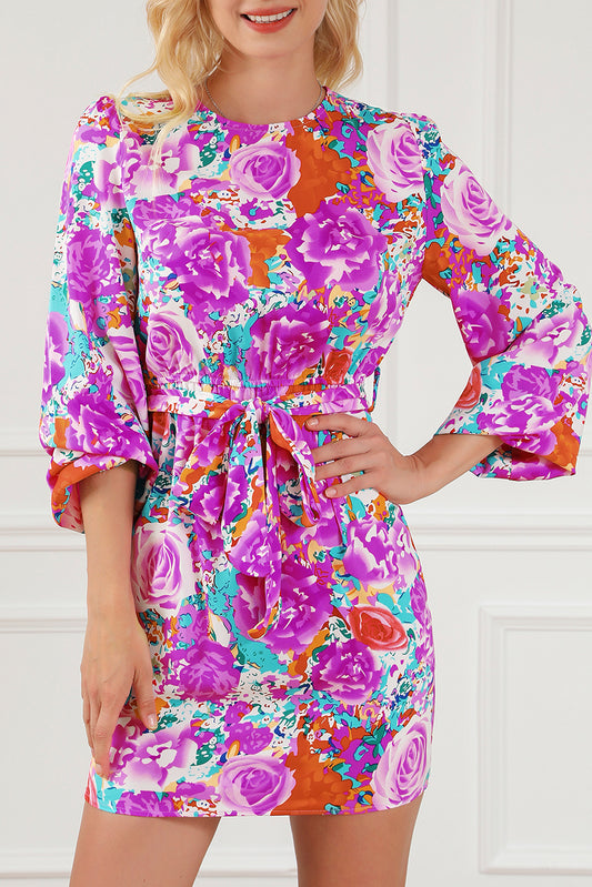 Purple Floral Keyhole Back Long Sleeve Belted Dress Purple 100%Polyester Floral Dresses JT's Designer Fashion