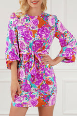 Purple Floral Keyhole Back Long Sleeve Belted Dress Purple 100%Polyester Floral Dresses JT's Designer Fashion